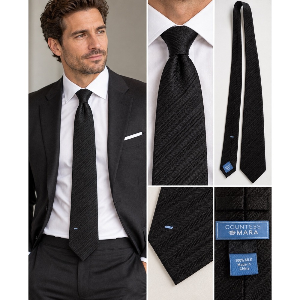 Countess Mara Mens Black Silk Herringbone Textured Necktie Classic Formal Tie